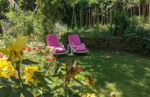 jardín con tumbonas