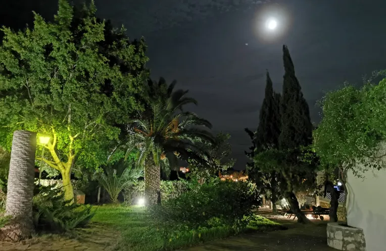 jardín de la casa visto de noche