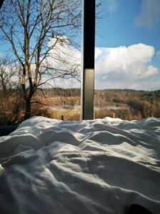minimalistyczny domek na wynajem w lesie